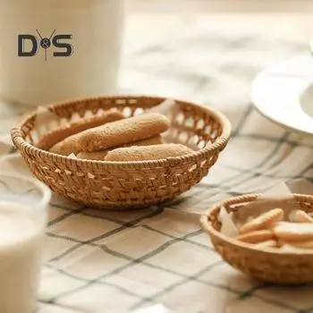 Плетеный вручную поднос из ротанга для домашнего декора Поднос из натурального ротанга для хранения фруктов Ключей Закусок Многоцелевая плетеная корзина Чаша для кухонного стола Прихожая H