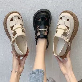 Плетёные полые римские сандалии baotou женские летние 2025 новые повседневные туфли на платформе в британском стиле с клеткой для свиней 35 чёрный