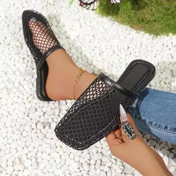 Плетёные полые римские сандалии женские летние новые плоские тапочки с круглым носком 35 бежевый