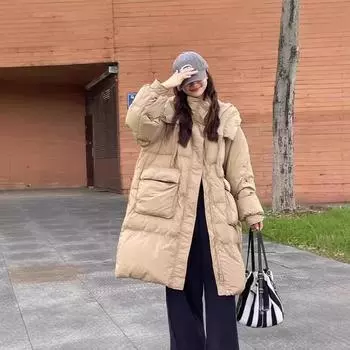 Плетёный большой стеганый пуховик женский зима 2024 длинный с капюшоном тёплый свободный модный тёплый жакет Average size 90-90kg белый