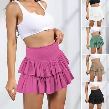 Плиссированная эластичная резинка на поясе с высокой талией, однотонная мини-юбка, летняя двухслойная юбка с рюшами и подолом, уличная одежда L абрикосовый