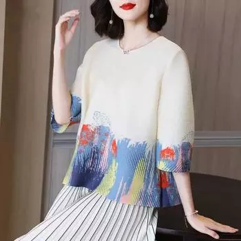 Плиссированная блузка, женская осенняя новинка, темперамент, тонкая свободная футболка с принтом, модная рубашка большого размера, мм M белый