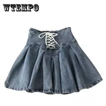 Плиссированная джинсовая юбка, женская сексуальная джинсовая юбка трапециевидной формы в стиле панк, готическая Y2k Harajuku, эластичная летняя повседневная юбка с перекрестными ремешками, защитные брюки XL синий