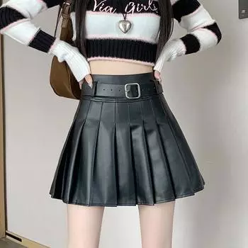 Плиссированная кожаная юбка из искусственной кожи для женщин, осенне-зимняя сексуальная мини-юбка трапециевидной формы с высокой талией, модная одежда в корейском стиле Y2k S чёрный