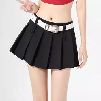 Плиссированная мини-юбка женская летняя с высокой талией тонкая юбка трапециевидной формы женская корейская универсальная уличная одежда повседневная Y2K винтажная черная XS чёрный