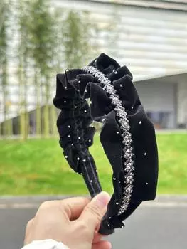 Плиссированная повязка на голову из черного бриллиантового золотого бархата, Высококлассная аристократичная элегантная повязка на голову со стразами, Популярные аксессуары для волос для женщин