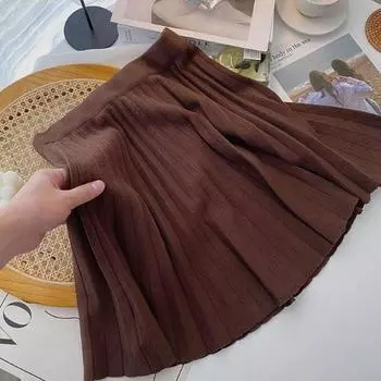 Плиссированная повседневная юбка Женщины Осень Корейская высокая талия A-line Тонкий дизайн Универсальный повседневный твердый трикотажный юбка Женские топы