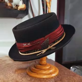 Плиссированная шляпа-паутина из цельной шерсти, однотонная шерстяная фетровая шляпа в стиле «порк пай» L58-60cm чёрный