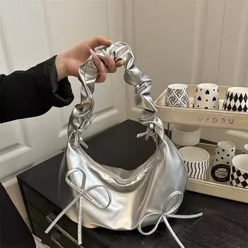 Плиссированная сумка на плечо с бантом, сумка-облако, женская, 2025 года, новая модная, симпатичная сумка подмышкой белый