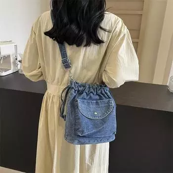 Плиссированная сумка-ведро Женская джинсовая сумка Маленькая сумка через плечо Сумка через плечо светло-синий