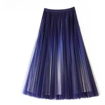 Плиссированная юбка цвета звезды с градиентом. Женская юбка. Весна, осень и зима. Темпераментная длинная юбка трапециевидной формы из крупной распашной сетки. One Size темно-синий