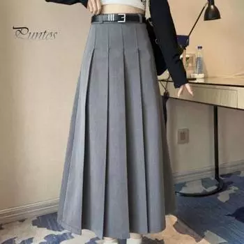 Плиссированная юбка с высокой талией и поясом, однотонная длинная юбка трапециевидной формы, длиной до щиколотки, офисный повседневный женский костюм, юбка S серый