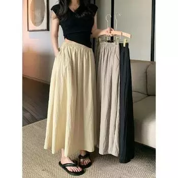 Плиссированная юбка средней длины для женщин, летняя новая ретро-юбка с высокой талией, утягивающая, эластичная, А-образная юбка-зонтик S чёрный