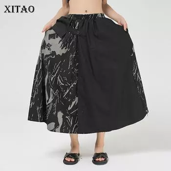 Плиссированная юбка XITAO с асимметричным принтом DZL1392 One Size чёрный