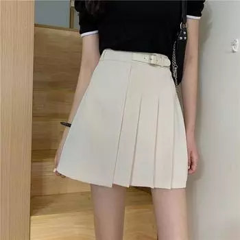 Плиссированная юбка, женская мини-юбка с поясом, высокая талия, корейская мода, шикарная элегантная белая повседневная офисная женская юбка S белый
