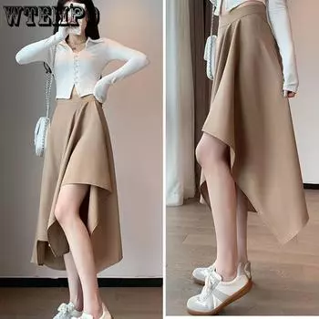 Плиссированная юбка, женская нерегулярная юбка с высокой талией, винтажная однотонная юбка средней длины, летняя корейская трапециевидная юбка Y2k, черная юбка S зелёный