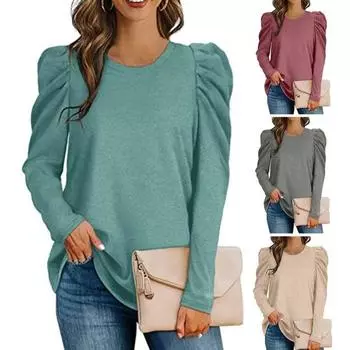 Плиссированная женская блузка с круглым вырезом и длинными рукавами, осень-зима, однотонная XL темно-красного