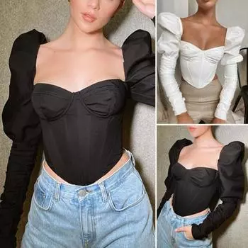 Плиссированная женская блузка с квадратным воротником и длинными рукавами, обтягивающая повседневная женская блузка M чёрный