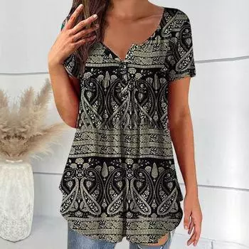 Плиссированная женская футболка средней длины с v-образным вырезом на пуговицах и короткими рукавами, туника в стиле ретро с подолом, уличная одежда XL темно-синий