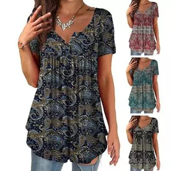 Плиссированная женская футболка средней длины с v-образным вырезом и пуговицами с коротким рукавом в стиле ретро XL темно-синий