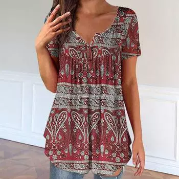 Плиссированная женская футболка средней длины с v-образным вырезом на пуговицах и короткими рукавами в стиле ретро с рисунком на рукаве XL темно-синий