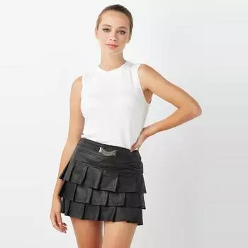 Плиссированная женская юбка из натуральной кожи, черная