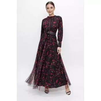 Плиссированное длинное платье из тюля на подкладке с длинным рукавом и поясом