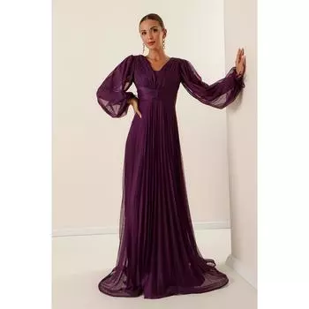 Плиссированное длинное платье из тюля с V-образным вырезом спереди и сзади