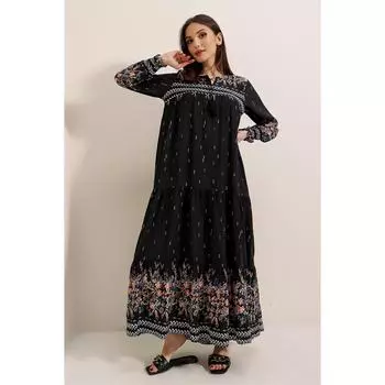 Плиссированное длинное платье из вискозы с воротником и рукавами на шнуровке