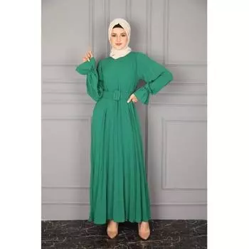 Плиссированное длинное платье с фатой и поясом