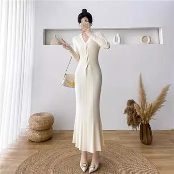 Плиссированное длинное платье с v-образным вырезом и оборками для женщин, осенне-зимнее белое вязаное платье-свитер, корейские элегантные платья S белый