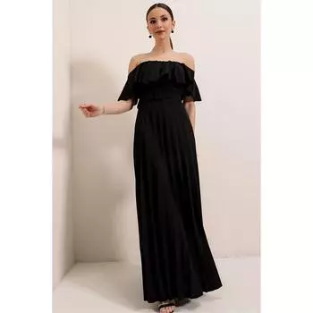 Плиссированное длинное платье с воротником и оборками на поясе