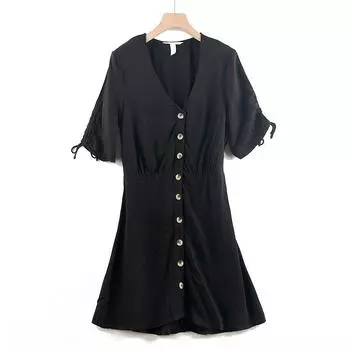 Плиссированное европейское и американское платье с высокой талией на кулиске и пуговицах для внешней торговли Black 38