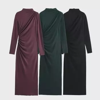 Плиссированное облегающее платье в европейском и американском стиле с длинными рукавами и воротником-стойкой для осени и зимы - женская коллекция. L чёрный