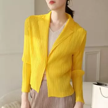 Плиссированное пальто женское с надрезом и длинным рукавом на одной пуговице, тонкие однотонные офисные женские стильные куртки, осенняя одежда One Size чёрный