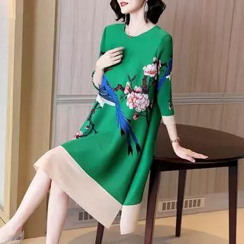 Плиссированное платье 2022, весеннее новое модное платье с длинными рукавами и круглым вырезом в этническом стиле M зелёный