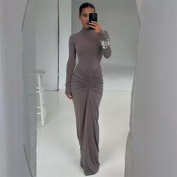 Плиссированное платье для женщин осень-зима мода длинный рукав тонкий высокая талия платья Femme однотонный пэчворк вечерняя одежда элегантное вечернее платье для женщин S чёрный