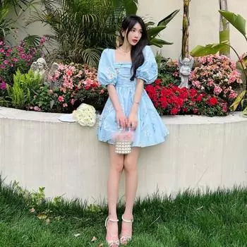 Плиссированное платье из тафты с объемными рукавами и высокой талией, длинное короткое клетчатое платье, маленькое платье, Новое поступление, синее платье с принтом XS синий