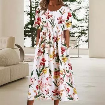 Плиссированное платье миди с круглым вырезом и короткими рукавами, свободный подол, женское праздничное платье трапециевидной формы с цветочным принтом, повседневная одежда M