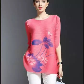 Плиссированное платье, простая футболка средней длины с круглым вырезом, новинка лета, женское платье с рукавами пятью точками, свободное платье с короткими рукавами и принтом, топы M розовый