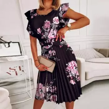 Плиссированное платье с круглым вырезом и рюшами, короткими рукавами и поясом, женское повседневное мини-платье с цветочным узором, женская одежда XXL зелёный