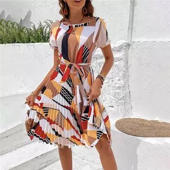 Плиссированное платье с круглым вырезом, летнее женское платье средней длины с коротким рукавом 6XL