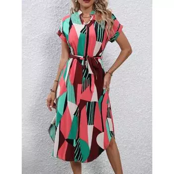 Плиссированное платье с круглым вырезом, летнее женское платье средней длины с коротким рукавом S