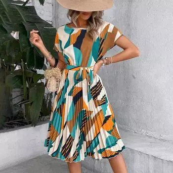 Плиссированное платье с круглым вырезом, летнее женское платье средней длины с коротким рукавом S