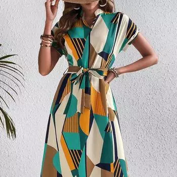 Плиссированное платье с круглым вырезом, летнее женское платье средней длины с коротким рукавом S разноцветный