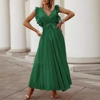 Плиссированное платье с летающими рукавами и V-образным вырезом, однотонное трапециевидное платье с большим подолом, шнуровкой, тонкой талией, платье макси для шоппинга для свиданий S зелёный