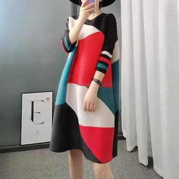 Плиссированное платье с принтом 2022, весенне-летнее новое модное свободное свободное платье большого размера, темпераментное повседневное женское платье в стиле вестерн M синий