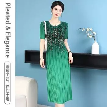 Плиссированное платье с принтом для мам среднего и пожилого возраста, свободная и обтягивающая модная летняя юбка с короткими рукавами, новый стиль One Size зелёный