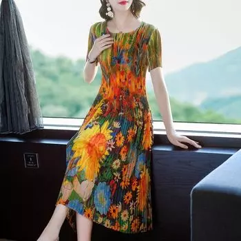 Плиссированное платье с принтом подсолнечника женское, новинка лета 2022, модное ветрозащитное тело, тонкая эластичная плиссированная юбка с круглым вырезом и короткими рукавами M оранжевый