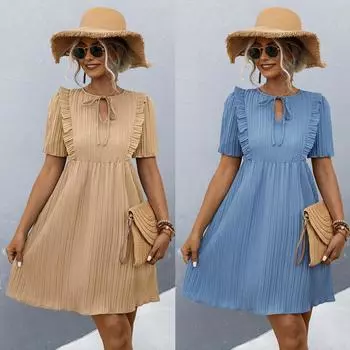 Плиссированное платье с v-образным вырезом для женщин, короткое платье с рюшами и короткими рукавами, высокой талией и галстуком, повседневное модное платье для работы и отпуска, дышащее легкое тонкое платье S синий